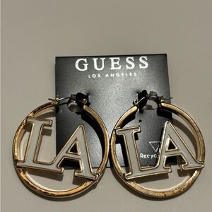 2 1/2” Guess Gold-Toned LA Letter Spelling White Medium Size Hoop Earrings #BC5